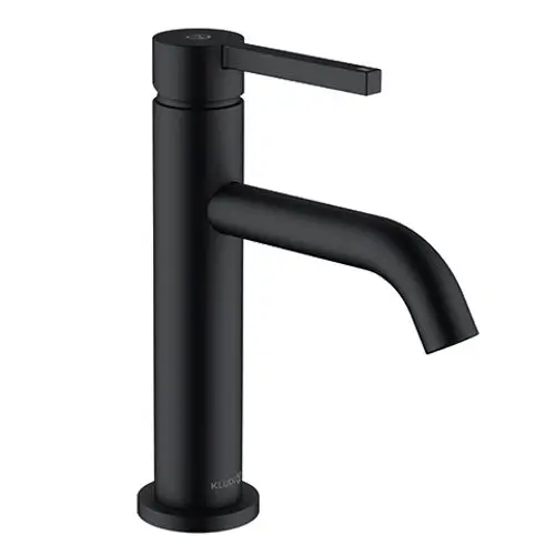 Schwarzer Einhebel-Waschtischmischer von Kludi mit runder Auslaufdüse und Push-Open-Mechanismus. Minimalistisches Design mit klaren Linien.